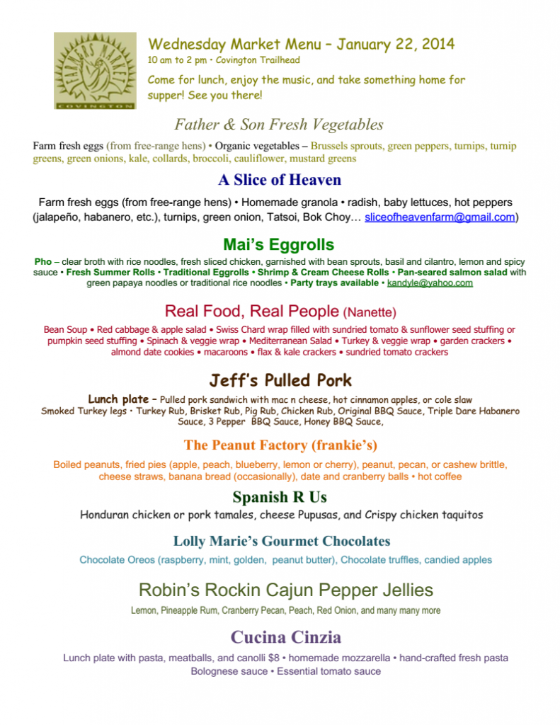 Wednesday Covington Farmers Market Menu 1-22-14