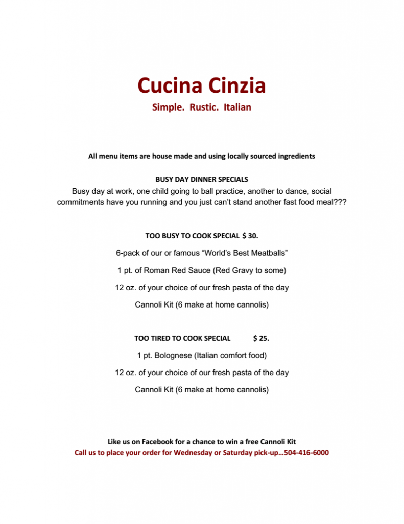 Cucina Cinzia Take Home Menu