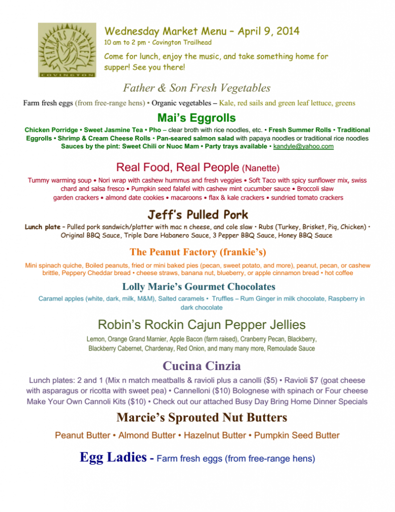 Covington Farmers Market Wednesday Menu 4-9-14