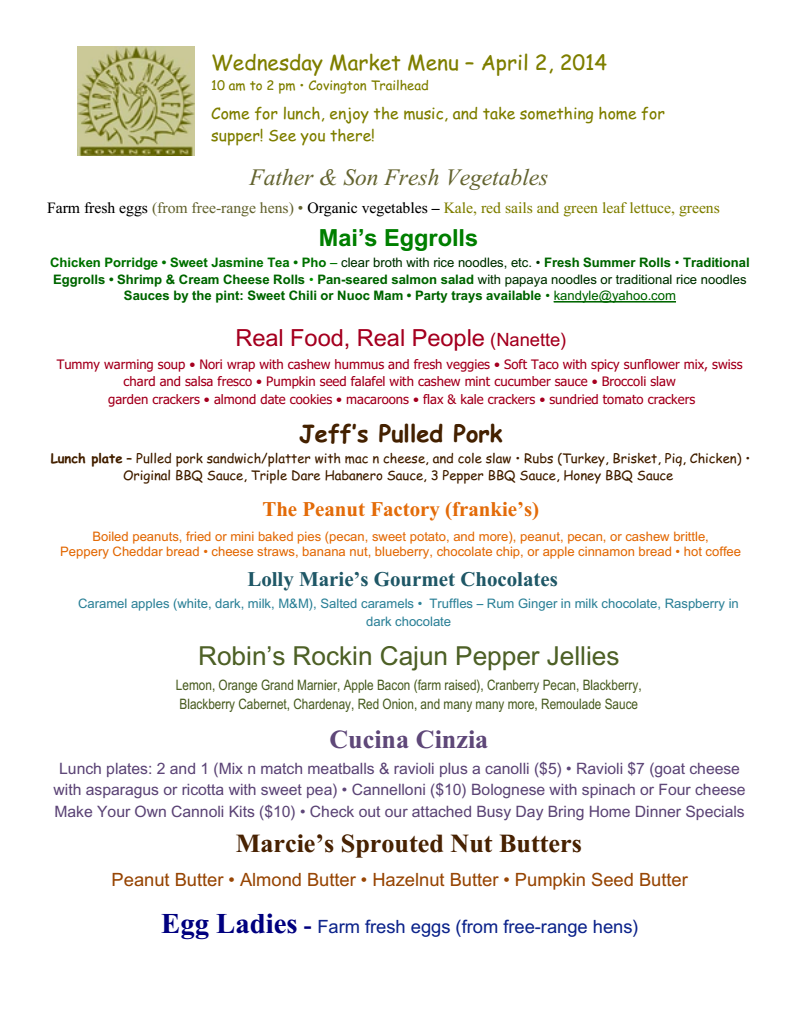 Wednesday Market Menu 4-2-14