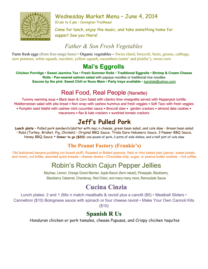 Wednesday Market Menu 6-4-14