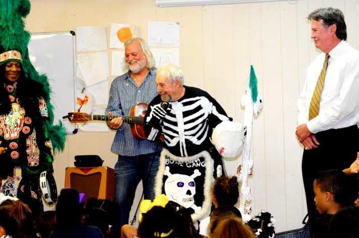 L-R, Big Chief Monk Boudreaux, Johnny Sansone, Professor Joseph Stern, Mayor Mike Cooper  Photo: Bobby Gilboy