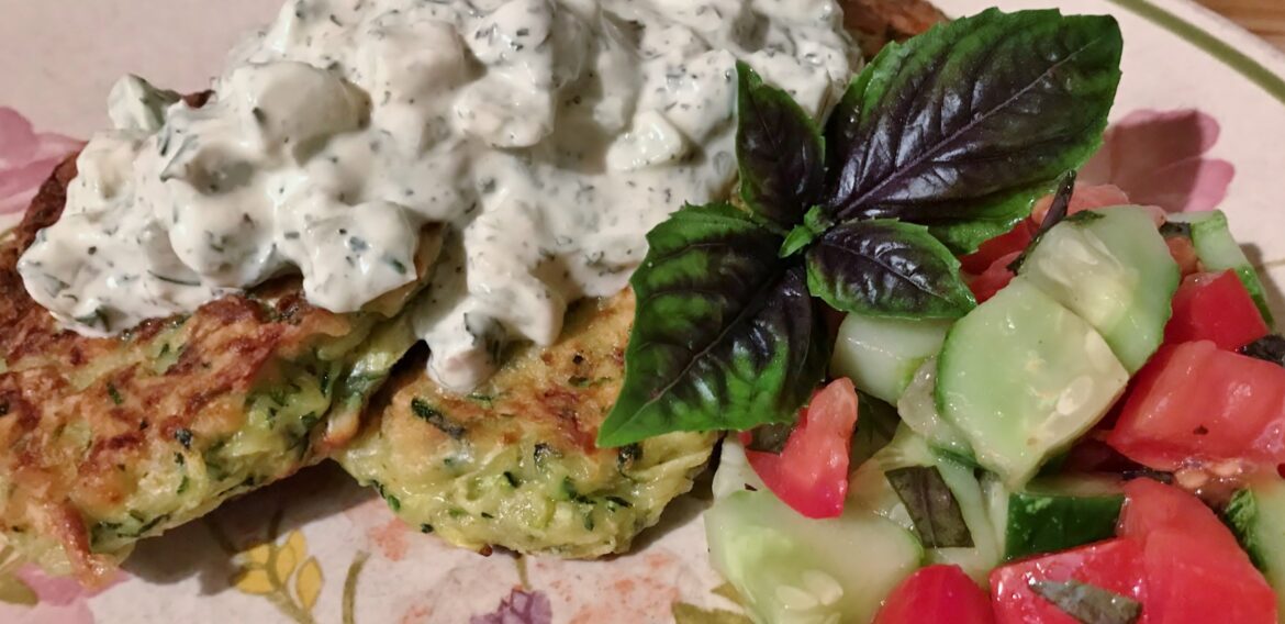 Farmers Market Recipe: Zucchini Fritters with Cucumber Tomato Salad