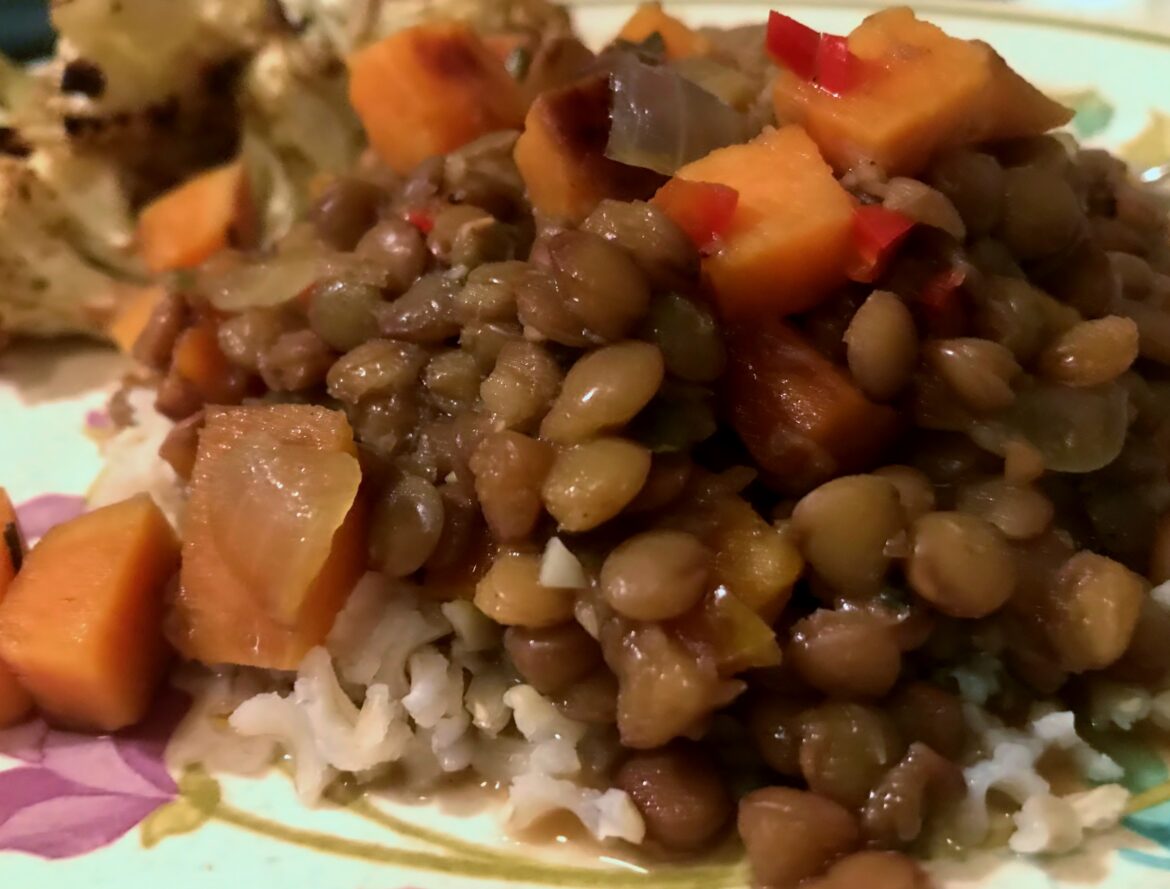 Farmers Market Recipe: Sweet Potato Spiced Lentils & Cumin Roasted Cauliflower